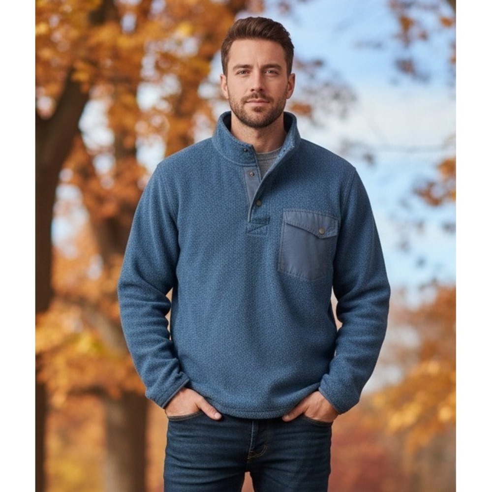 LL Bean Fleece Pullover Snap Front Mock Neck Men's Size L Navy Blue Outdoor Gorp